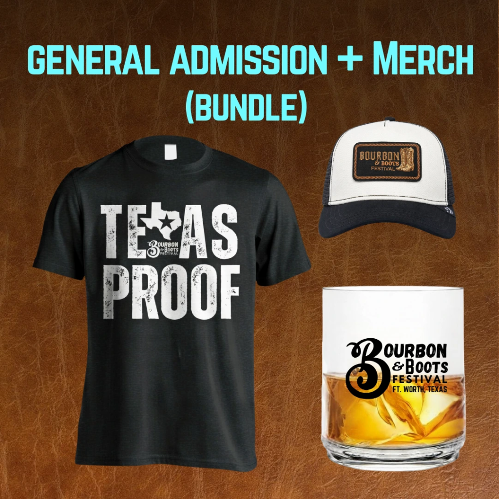Bourbon & Boots Festival merch bundle: Texas Proof T-shirt, trucker hat, and branded bourbon glass – Fort Worth Texas event