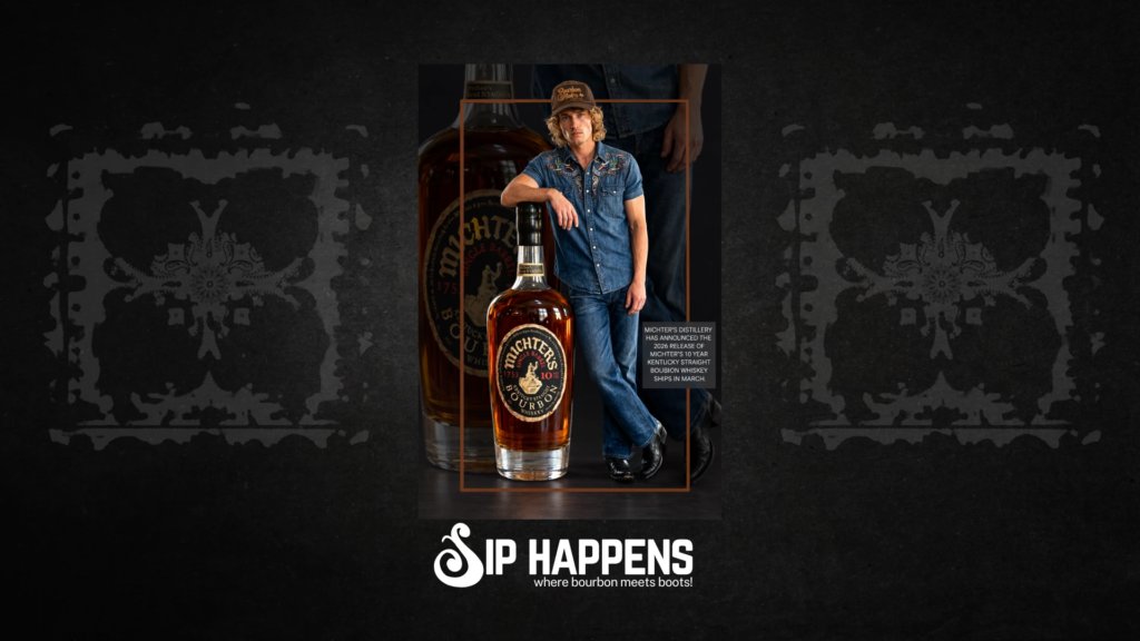 Promotional image for Michter’s 10 Year Kentucky Straight Bourbon Whiskey 2026 release showing a young man in Bourbon Boots cap and denim posing with the bottle, ships in March. Sip Happens.