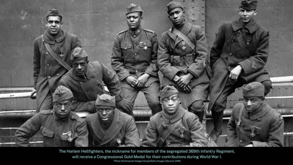 Harlem Hellfighters of the 369th Infantry Regiment, segregated African American unit from World War I, posing in uniform with Croix de Guerre medals aboard ship – awarded Congressional Gold Medal in 2025